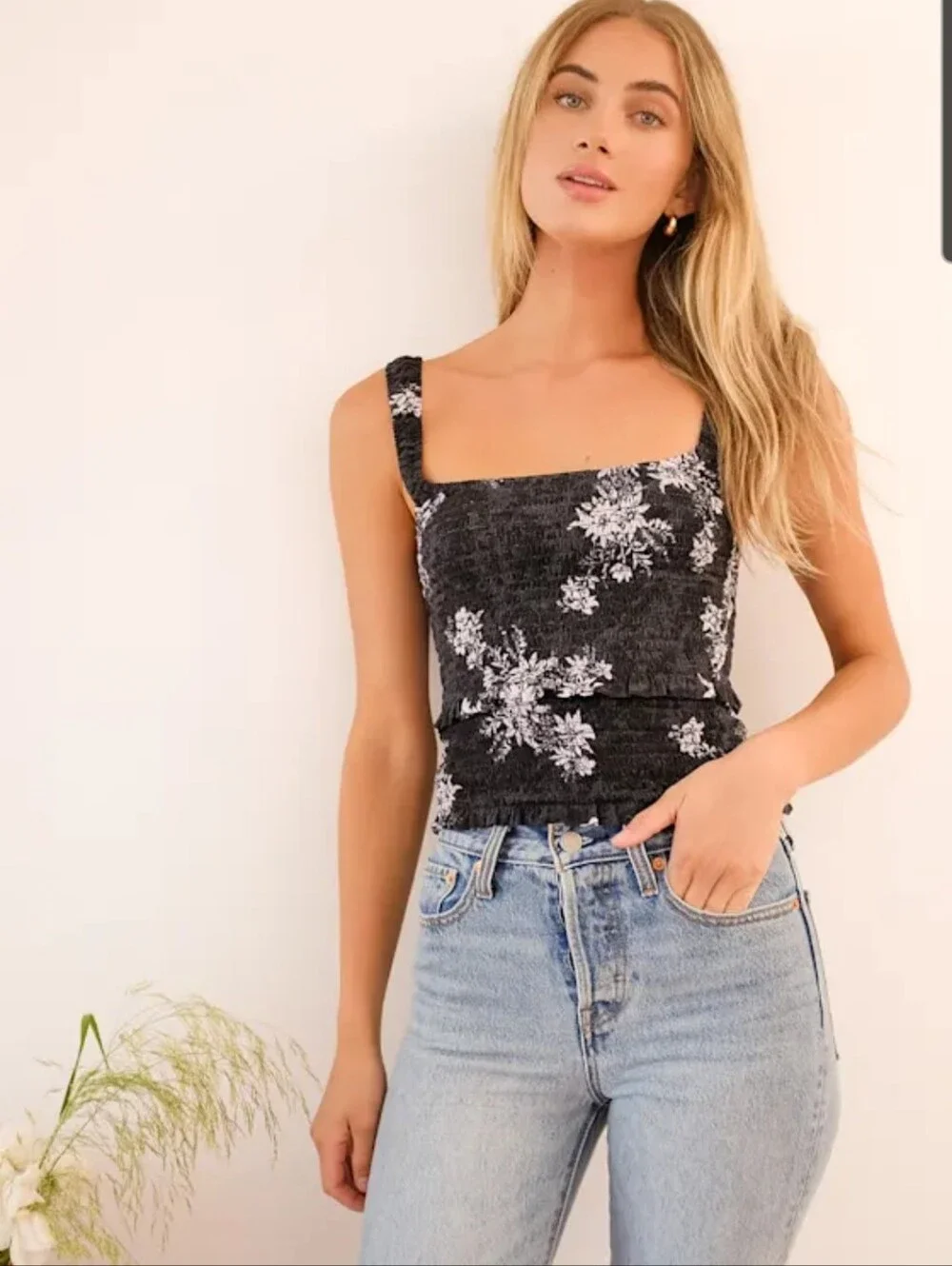 NWT Intimately Free People Hannah Smocked Cami Floral Print Stretch Tank Top XS